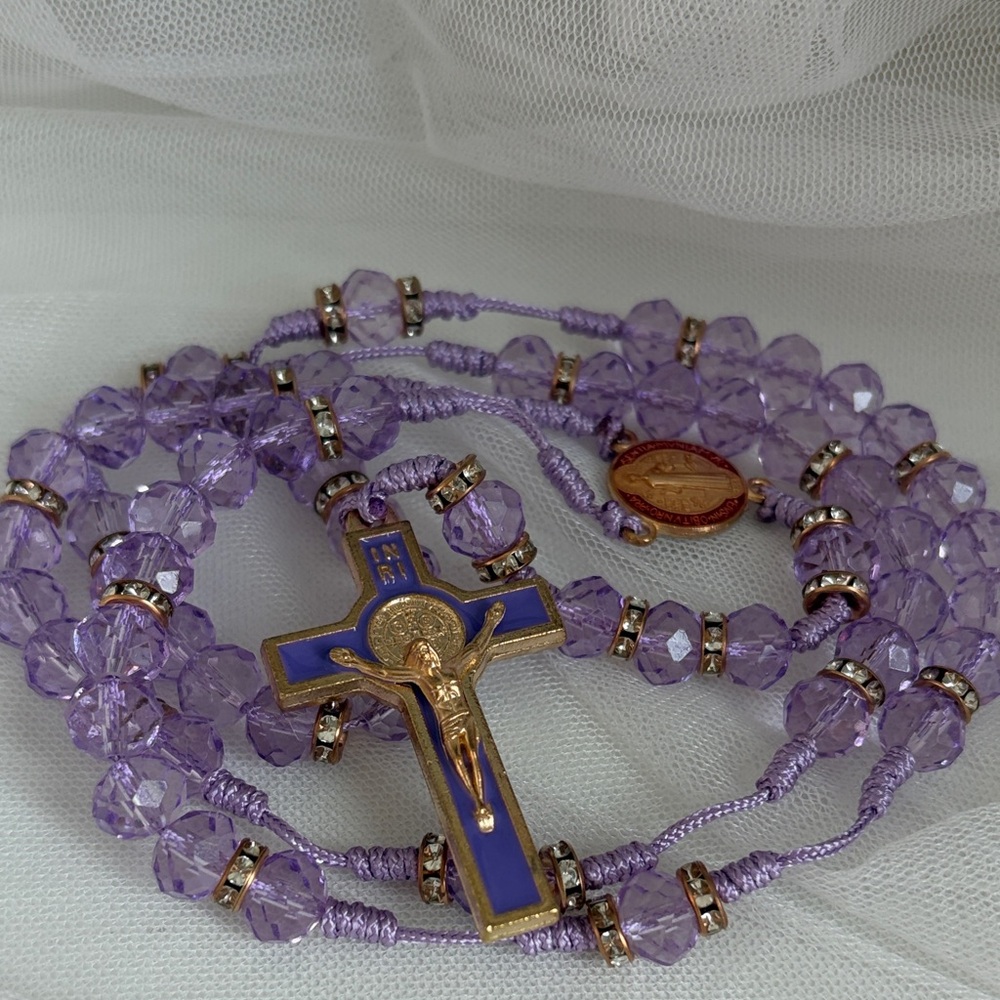 Lavender Glass Beaded Rosary Necklace with Gold Crucifix
